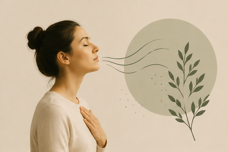Panik atak ve kaygı anlarında nefes farkındalığı ile sakinleşmeyi temsil eden minimalist psikoloji görseli