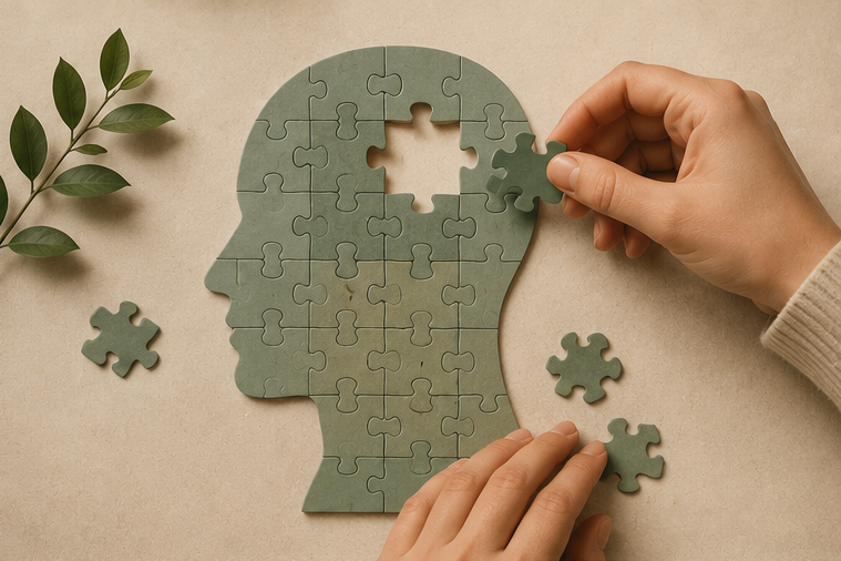 Psikolojik danışmanlık sürecinde duygu, düşünce ve davranışları anlamayı temsil eden zihin puzzle görseli